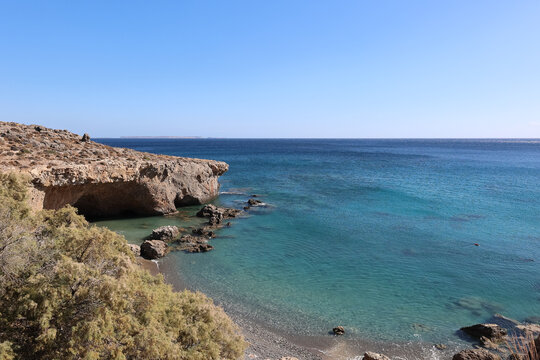 Rocky sea cave near Staousa Beach in Sitia, Crete, Greece