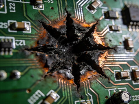 Burnt circuit board, damaged electronics, close-up, green motherboard with charred components