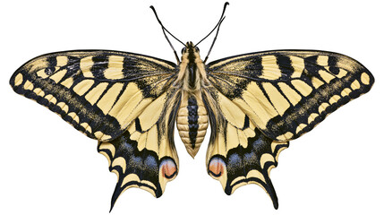 Yellow and black patterned butterfly with blue and pink eye spots, isolated on transparent background © George