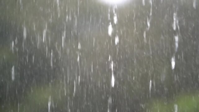 Heavy rain falling against a blurred natural background outdoors