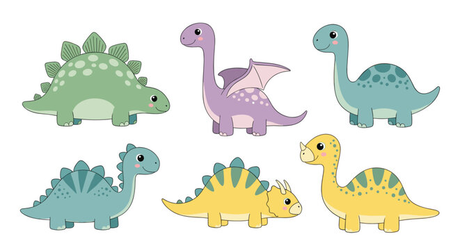 Set of six colorful and friendly cartoon dinosaurs drawn in cute vector style on white background.