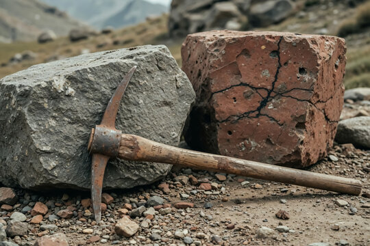 Rusty pickaxe, cracked red brick, gray stone, mining tools, construction materials, rugged landscape