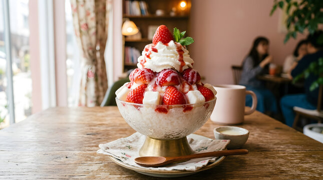 Korean strawberry bingsu topped with fresh strawberries, whipped cream, mochi, and condensed milk