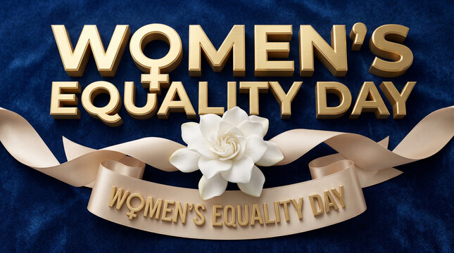 Elegant women equality day celebration banner featuring gold typography and white gardenia flower with satin ribbons on blue velvet background.