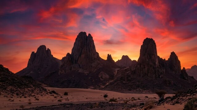 Dramatic vibrant sunset sky behind the jagged volcanic peaks of the Ahaggar Mountains in Algeria
