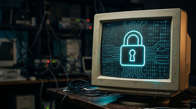 Vintage computer with cybersecurity lock on screen displays glowing digital padlock and binary code on a retro monitor, perfect for retro tech security and data protection concepts