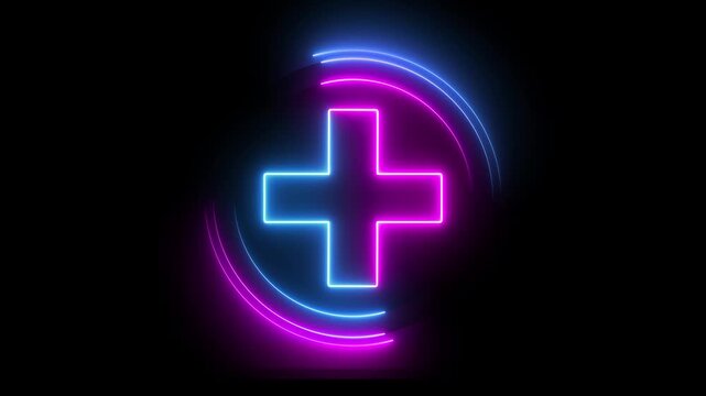 Glowing neon pink and blue color plus sign icon animation circle mathematic calculating positive accountancy sign symbol on black background