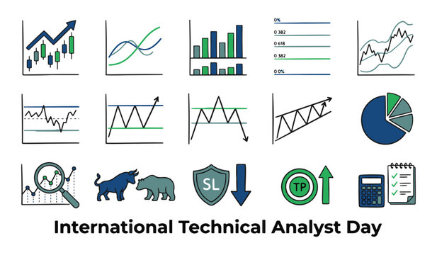 Set of Financial Technical Analysis Charts, Trading Icons, and Graphs for 'International Technical Analyst Day' Illustration