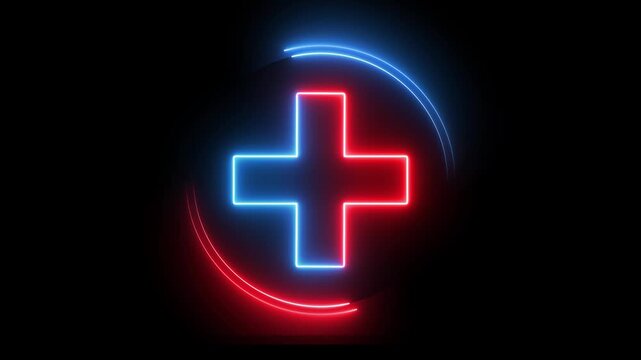 Glowing neon red and blue color plus sign icon animation circle mathematic calculating positive accountancy sign symbol on black background