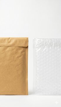 Blank kraft paper mailer and transparent bubble mailer upright on white background