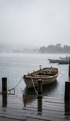 Fototapeta premium Wooden boat moored at dock during rainy season