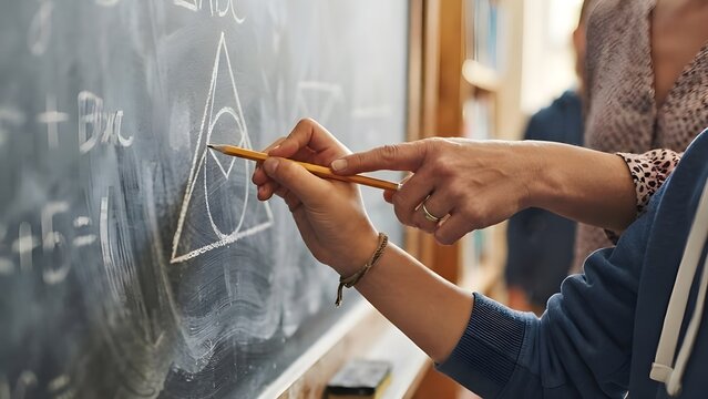 학생이 칠판 위에 분필을 사용하여 정교하게 삼각형과 기하학적 도형들을 그려나가는 교육적인 학습 현장
Educational learning scene of a student drawing triangles and geometric shapes precisely on a blackboard using chalk