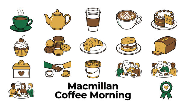 "Macmillan Coffee Morning" Event Illustration with Coffee, Tea, Cakes, People, and Fundraising Symbols