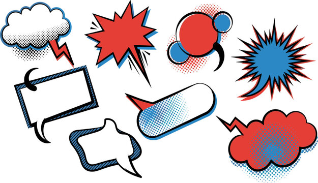 Comic Speech Bubble and Explosion Shape Collection with Colorful Pop Art Frames, Halftone Effects, Clouds, Bursts, and Dialogue Elements