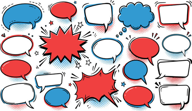 Comic Speech Bubble Collection with Colorful Pop Art Dialogue Balloons, Thought Clouds, Explosion Shapes, and Halftone Effects for Creative Designs