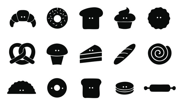 Bakery glyph icons vector set. pastries, bread, dessert, and baked goods elements. black silhouettes isolated on white background for food and drink menus or logos