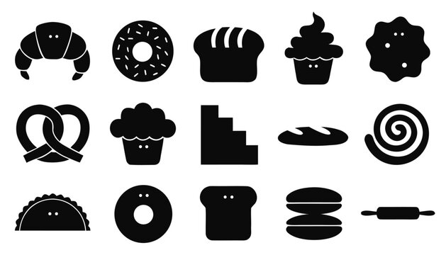 Bakery glyph icons vector set. pastries, bread, dessert, and baked goods elements. black silhouettes isolated on white background for food and drink menus or logos