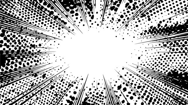 Comic explosion with halftone and speed lines. Explosive black ink splatter comic blast background with dynamic radial speed lines
