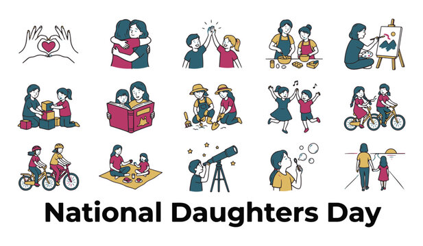 Modern Line Art Vector Illustration Set with Girls and Family Activities for 'National Daughters Day'