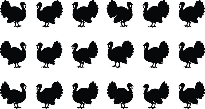 Repeating pattern of black turkey silhouettes in rows isolated on a white background, for thanksgiving holiday, themed projects