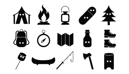 Camping outdoor adventure black icons set isolated on white background depicting a tent bonfire lantern bandage tree and more © Sadhin07