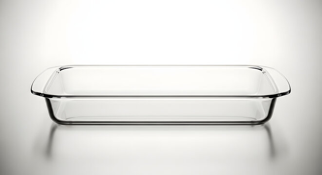 Empty rectangular glass baking dish on bright reflective studio surface
