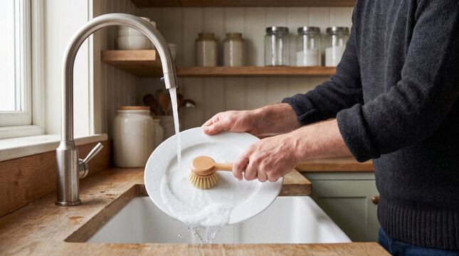 Modern Kitchen Sink with Stainless Steel Faucet and Hands Washing Dishes