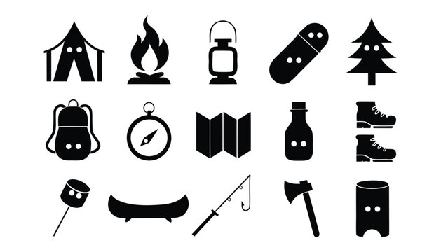 Camping outdoor adventure black icons set isolated on white background depicting a tent bonfire lantern bandage tree and more