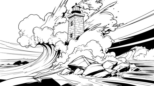Lighthouse being struck by a massive wave and storm explosion with dramatic sea spray