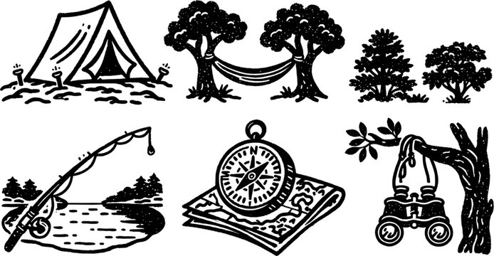Grungy black and white outdoor camping icon set with nature elements