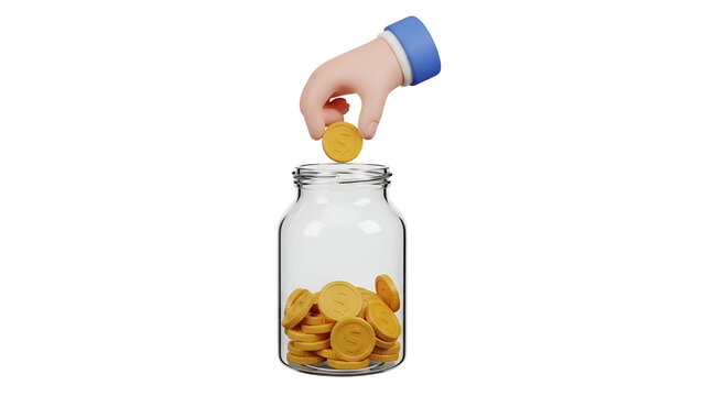 Cartoon hand dropping a shiny golden dollar coin into a clear glass savings jar for financial investment on white background