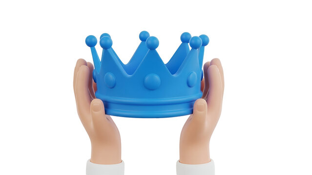 Cartoon style hands holding a vibrant blue royal crown made with high quality smooth plastic texture rendered on white background