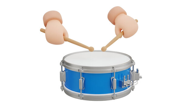 Cartoon hands holding wooden drumsticks playing a blue metallic snare drum in a stylized 3d render on white background