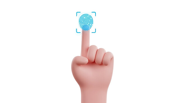 Human hand finger touching a glowing blue digital fingerprint scanner icon for secure biometric identity verification on white background