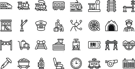 Set of black and white line icons representing various train transportation and railway travel symbols for web and mobile design applications © Najmul