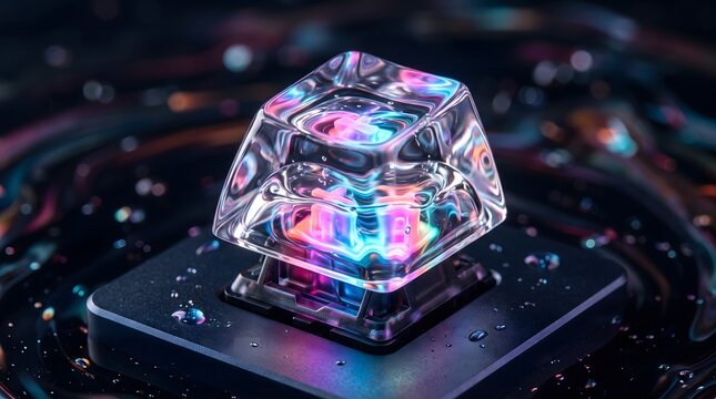 Clear glass keyboard key with colorful neon light reflections