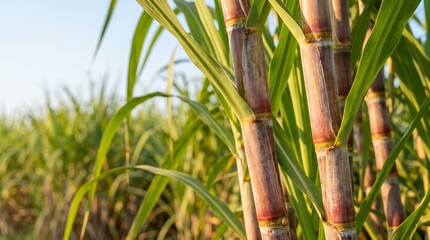 Obraz premium Mature sugarcane stalks close up, Green cane texture, Selective focus crop detail, Agriculture background, Natural farming visual