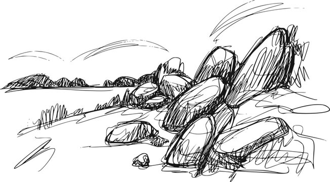 白背景に描かれた岩だらけの風景と遠くのなだらかな丘のシンプルな白黒インク画