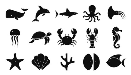 Sea animals vector icon set in simple style, ideal for marine life themes, oceanography, or environmental awareness © Sadhin07