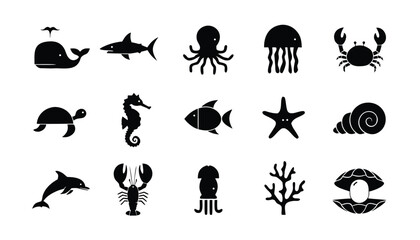 Sea creatures marine animals black icons set isolated on white background with whale shark octopus jellyfish and more © Sadhin07