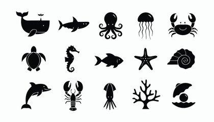 Sea creatures marine animals black icons set isolated on white background with whale shark octopus jellyfish and more © Sadhin07