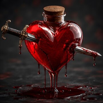 Glass heart bottle pierced by a silver dagger with liquid