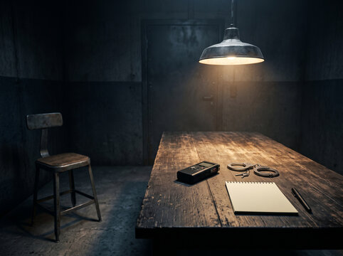Interrogation Room with Handcuffs and Notebook in Dark Police Station