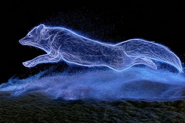 Fototapeta premium Arctic fox jumps through deep snow with a neon glow, creating a vivid scene of energy and motion against a dark backdrop.