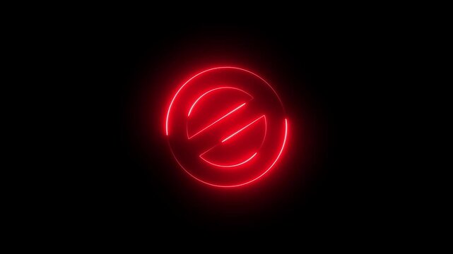 Glowing neon red color line ban sign icon animation wrong warning risk alert error stop signal emergency problem issue sign symbol on black background	