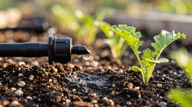 Young Seedling Growing in Fertile Garden Soil with Watering Can