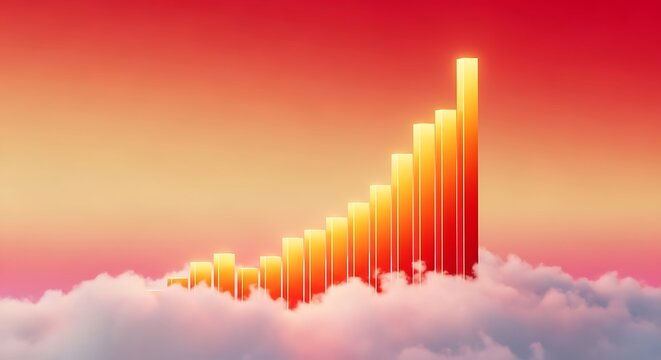 Glowing bar graph rising above clouds against warm gradient sky