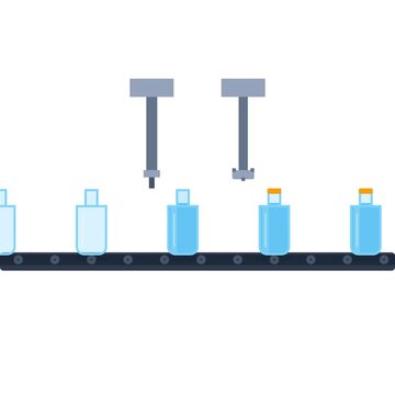 Automated industrial conveyor belt for liquid bottling process 2D vector animation