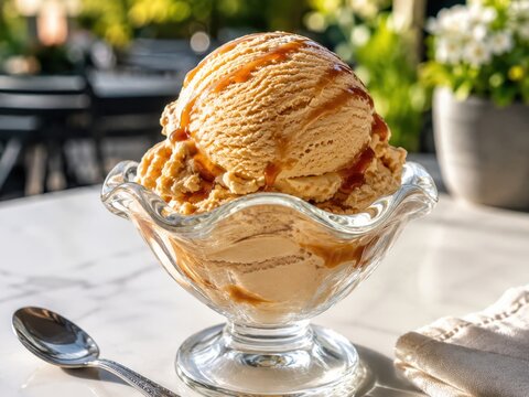 Karamelleis mit Sauce &ndash; Cremige Kugeln Karamelleis in dekorativer Glasschale, mit feiner Karamellsauce veredelt und im warmen Sommerlicht stilvoll f&uuml;r Dessert- und Genussmotive fotografiert.
