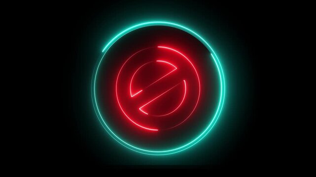 Glowing neon red and cyan color line ban sign icon animation wrong warning risk alert error stop signal emergency problem issue sign symbol on black background	